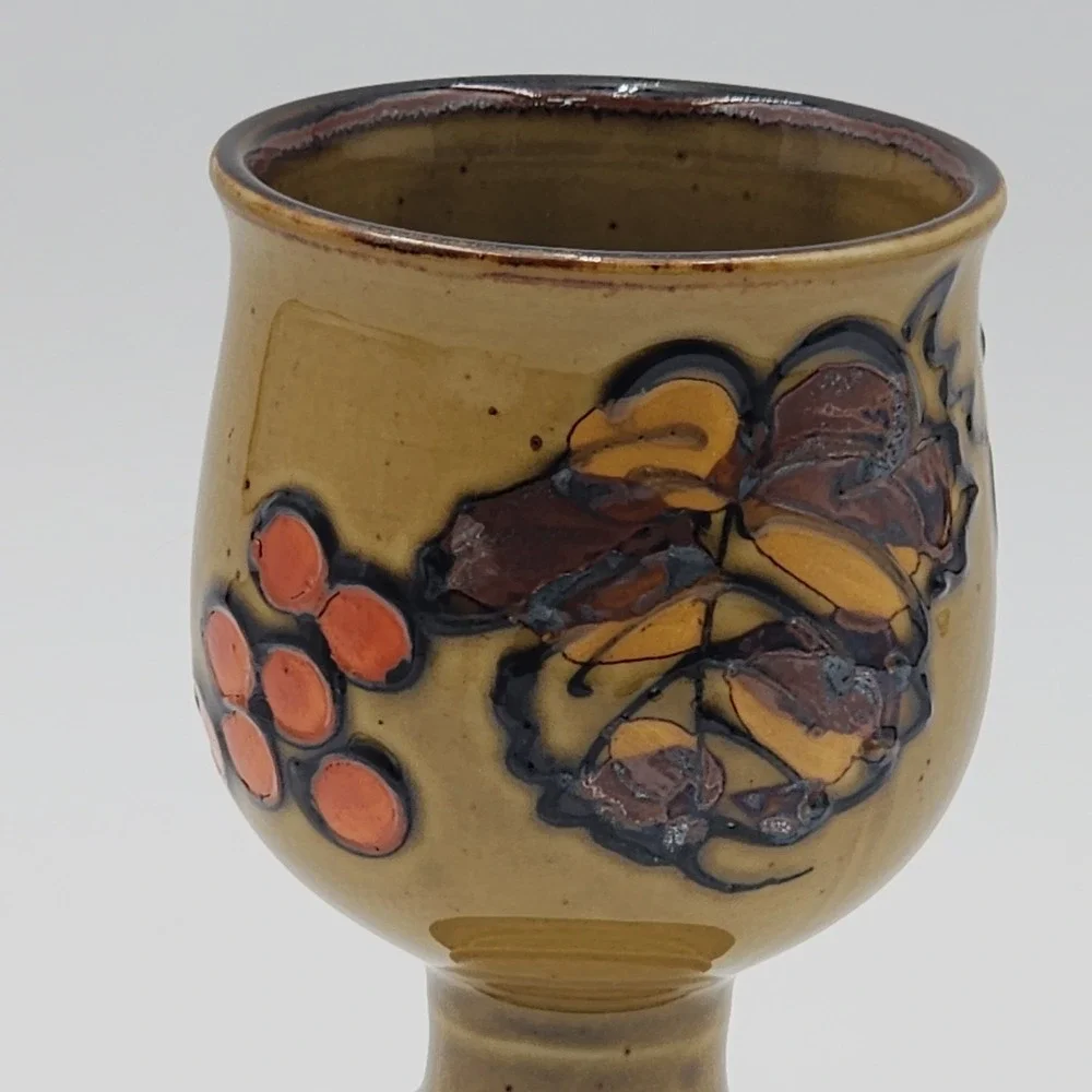 Vintage Otagiri Hand Painted Stoneware Goblet Orange Grapes Leaf Vine Pedestal
